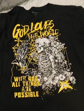 Graphic Skeleton Prayer T-Shirt in Black and Yellow